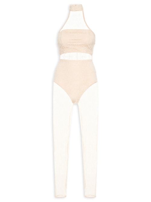 Macacão Feminino Decote Halter Em Renda - Bege