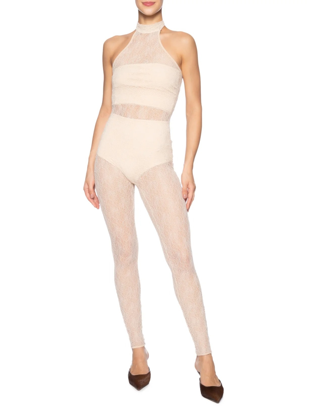 Macacão Feminino Decote Halter Em Renda Bege '2Essential