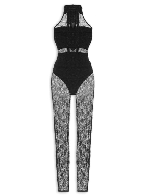 Macacão Feminino Decote Halter Em Renda - Preto