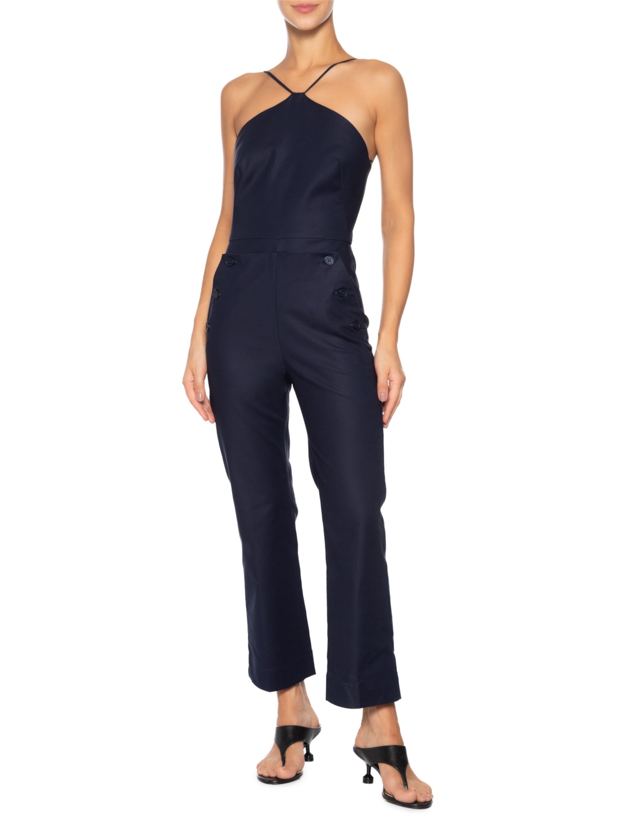 Macacão Feminino Decote Triângulo Botões Azul Andrea Marques