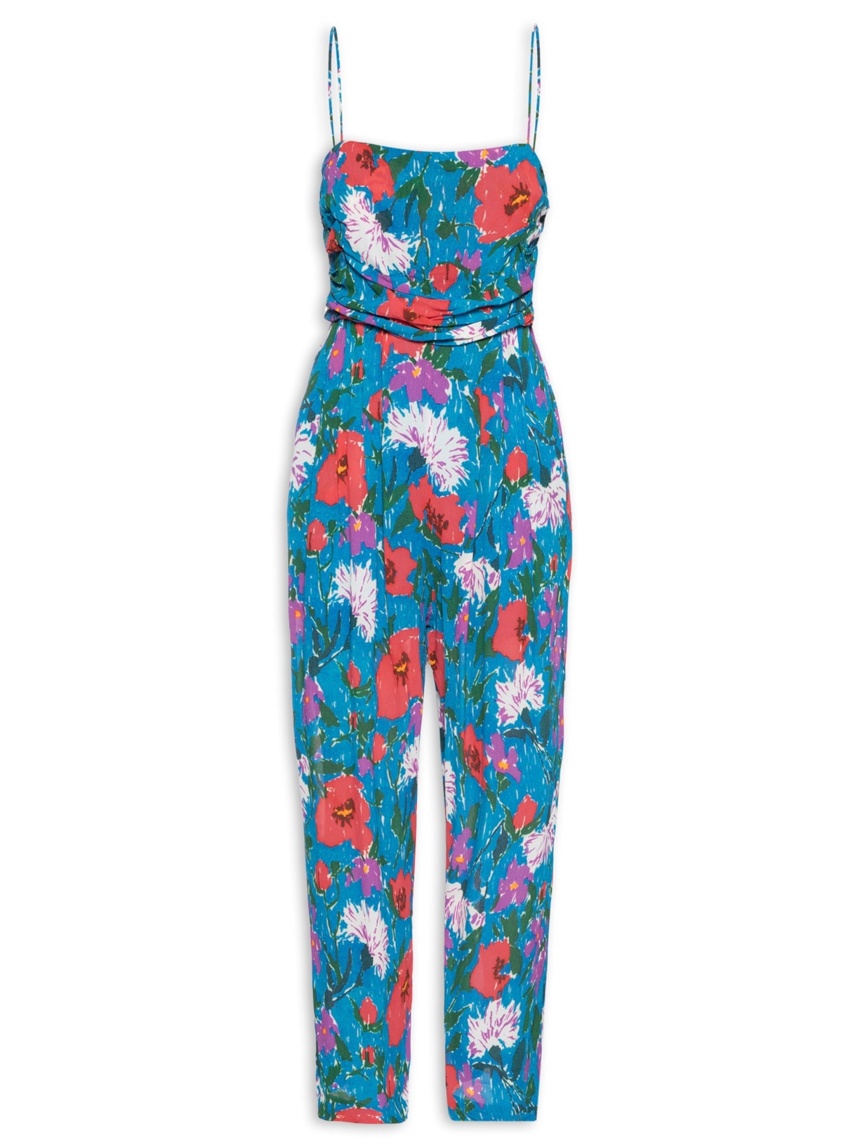 Macacão Feminino Drapeado Floral Sketch Color - Azul