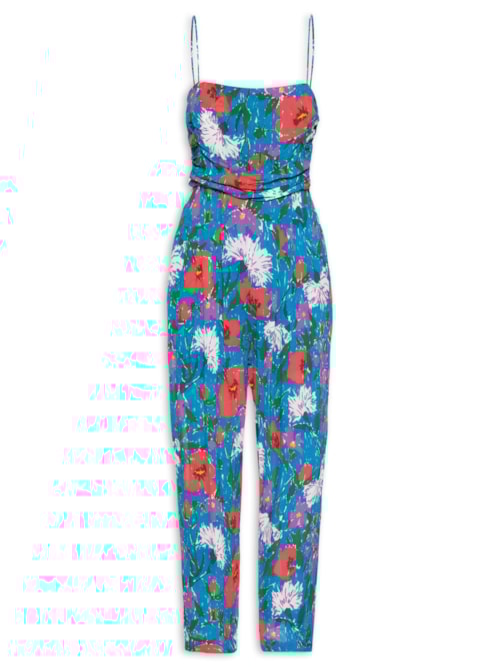 Macacão Feminino Drapeado Floral Sketch Color - Azul