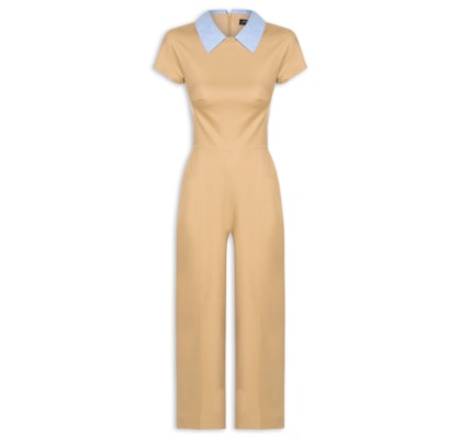 Macacão Feminino Fianco Gola Pregas - Bege
