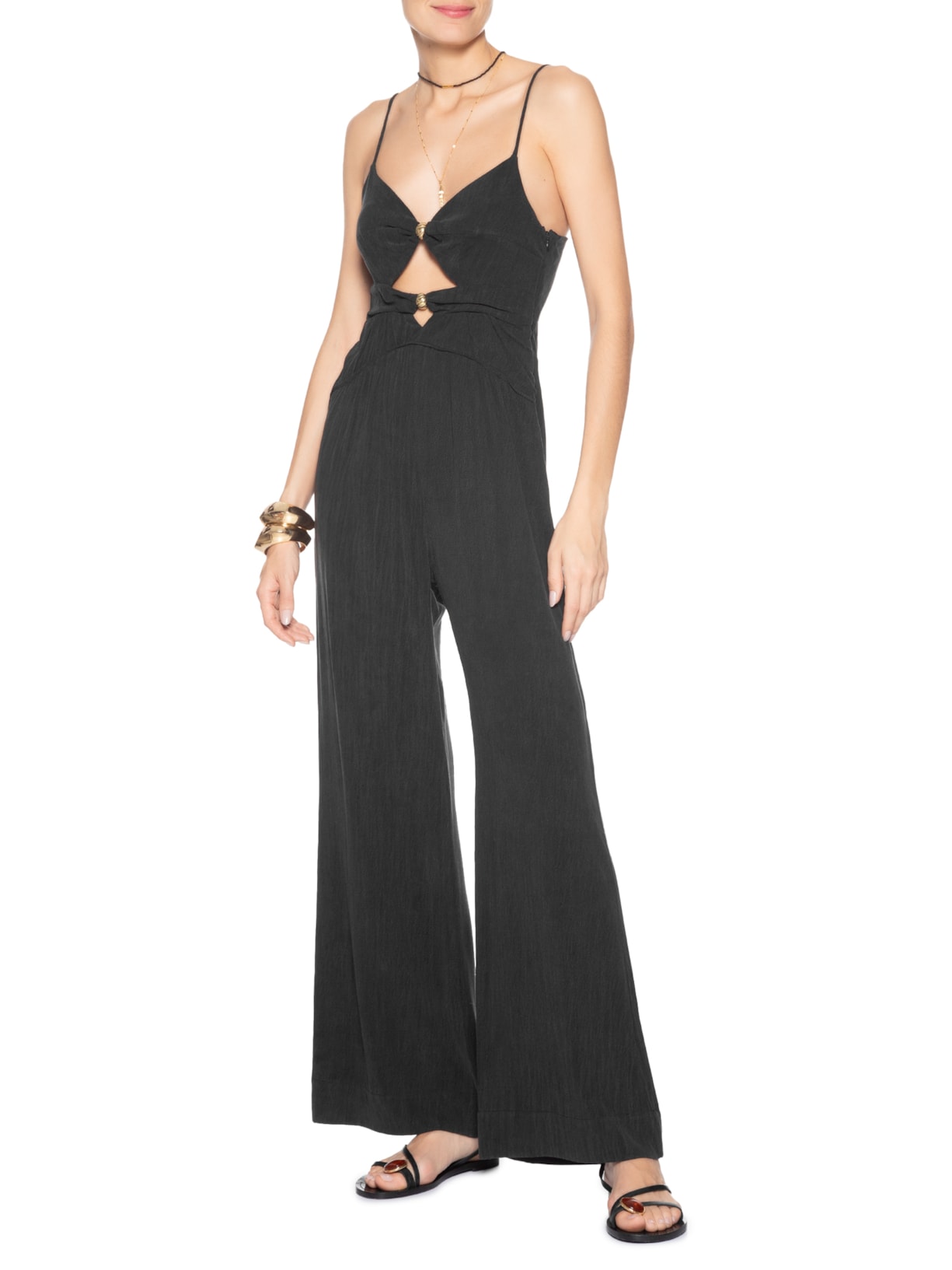 Macacão Feminino Fivelas Decote Preto Maria Filó