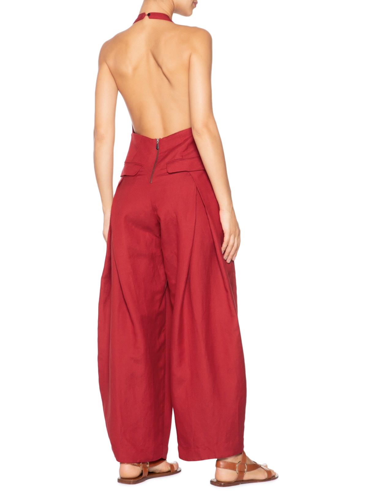 Macacão Feminino Frente Única Linen Pregas Vermelho Osklen