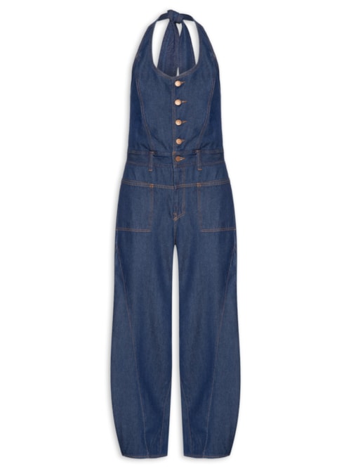 Macacão Feminino Jeans Barrel Amarração - Azul