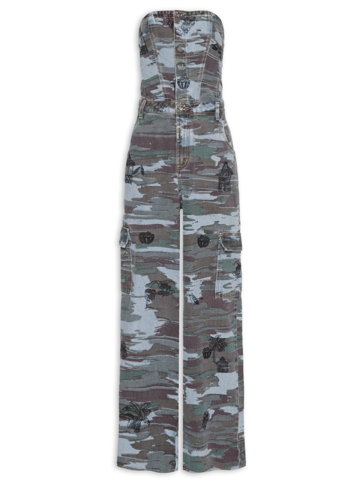 Macacão Feminino Jeans Camuflado Bordado - Verde