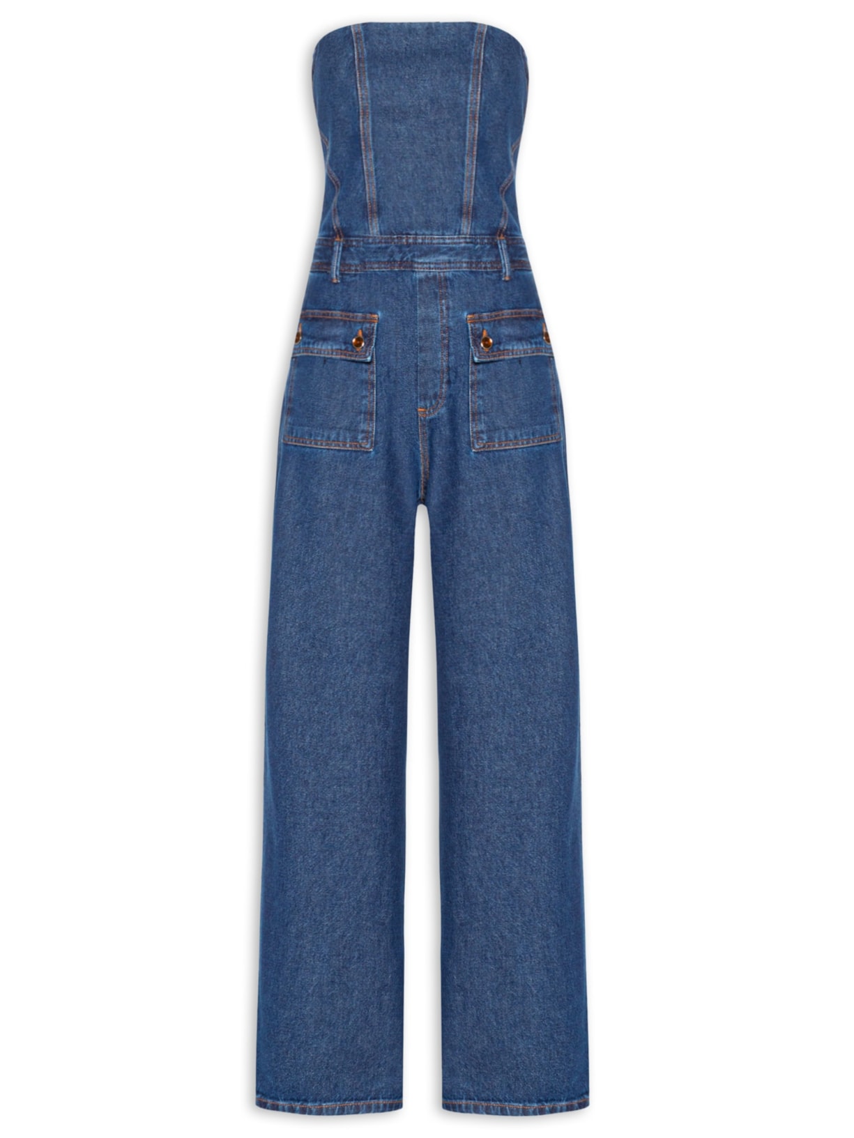 Macacão Feminino Jeans Decote Reto Botões - Azul