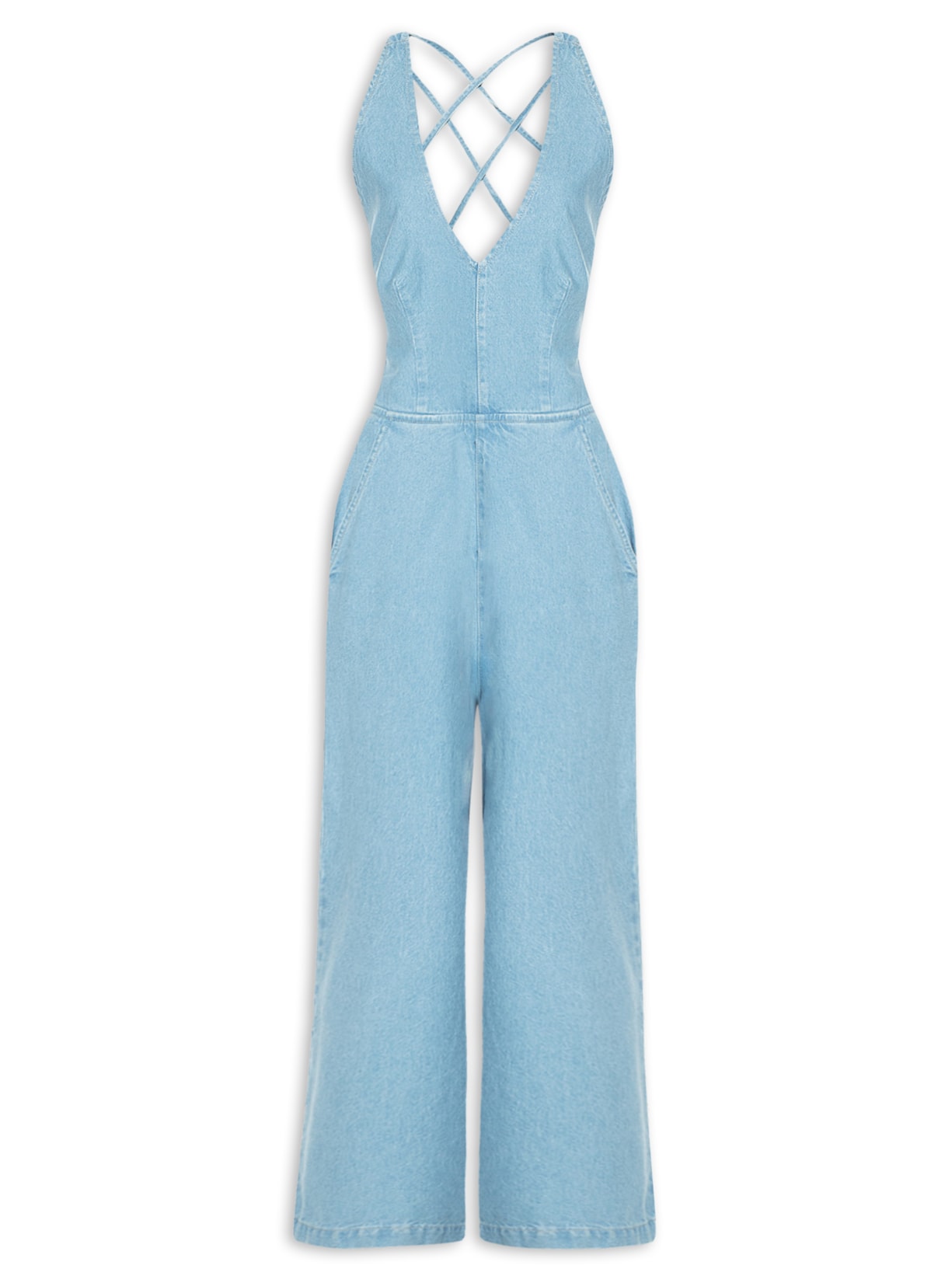 Macacão Feminino Jeans Longo Abertura Nas Costas - Azul