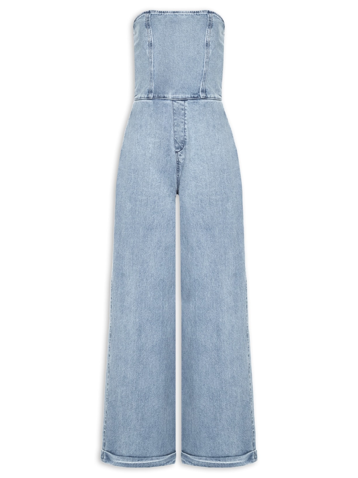 Macacão Feminino Jeans Longo Decote Reto - Azul