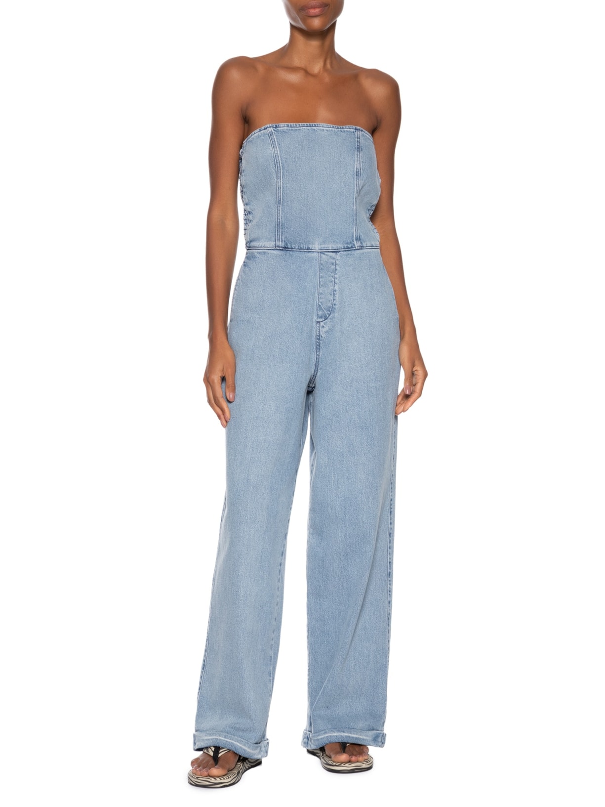  Macacão Feminino Jeans Longo Decote Reto Azul Animale Jeans