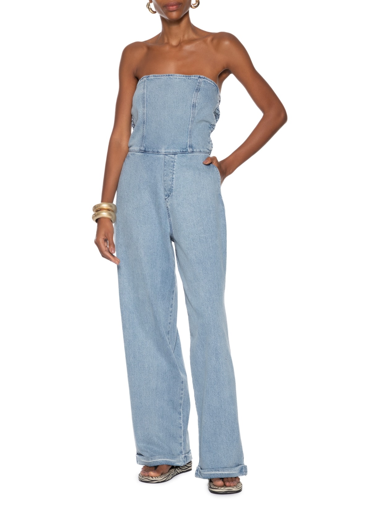  Macacão Feminino Jeans Longo Decote Reto Azul Animale Jeans