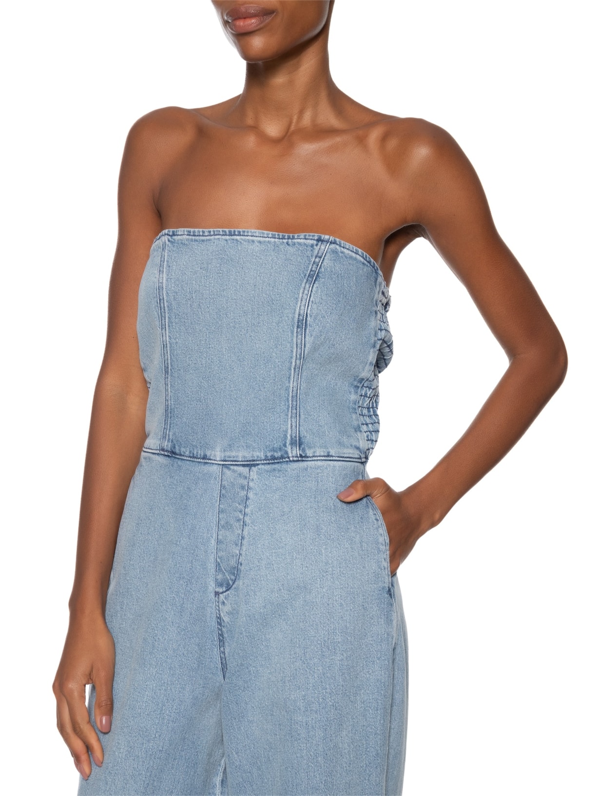  Macacão Feminino Jeans Longo Decote Reto Azul Animale Jeans