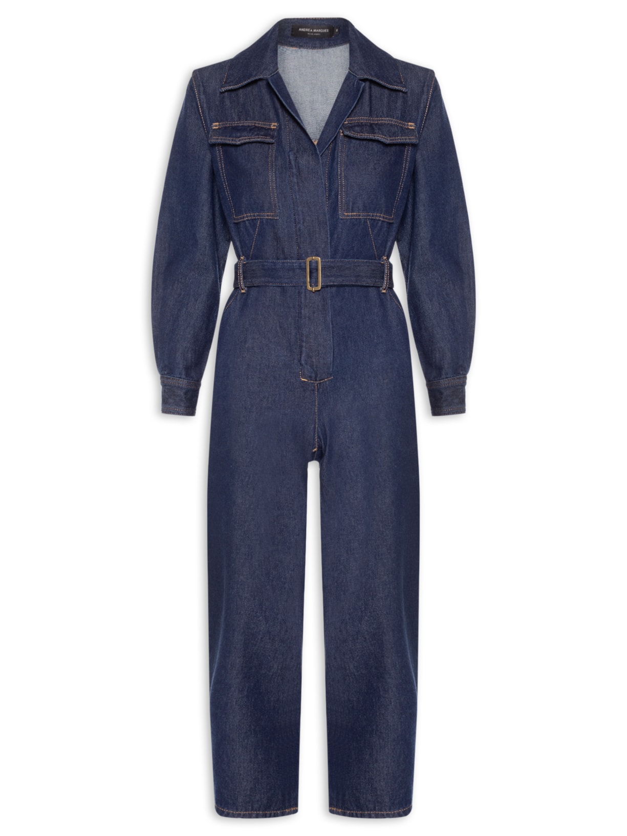 Macacão Feminino Jeans Manga Longa Bolsos Baggy Azul Andrea Marques