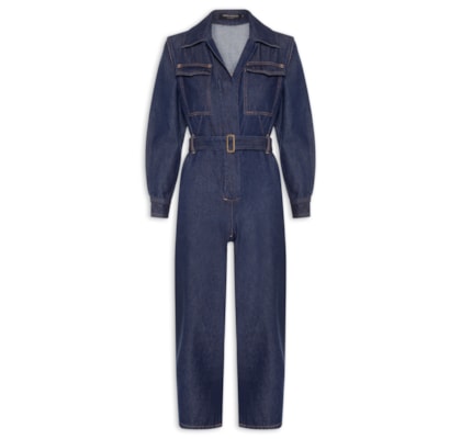 Macacão Feminino Jeans Manga Longa Bolsos Baggy - Azul