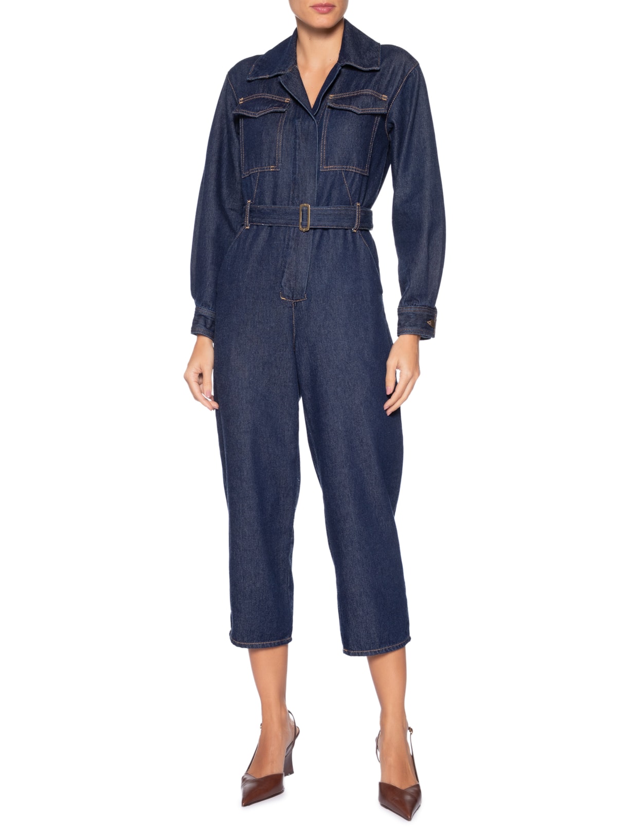 Macacão Feminino Jeans Manga Longa Bolsos Baggy Azul Andrea Marques