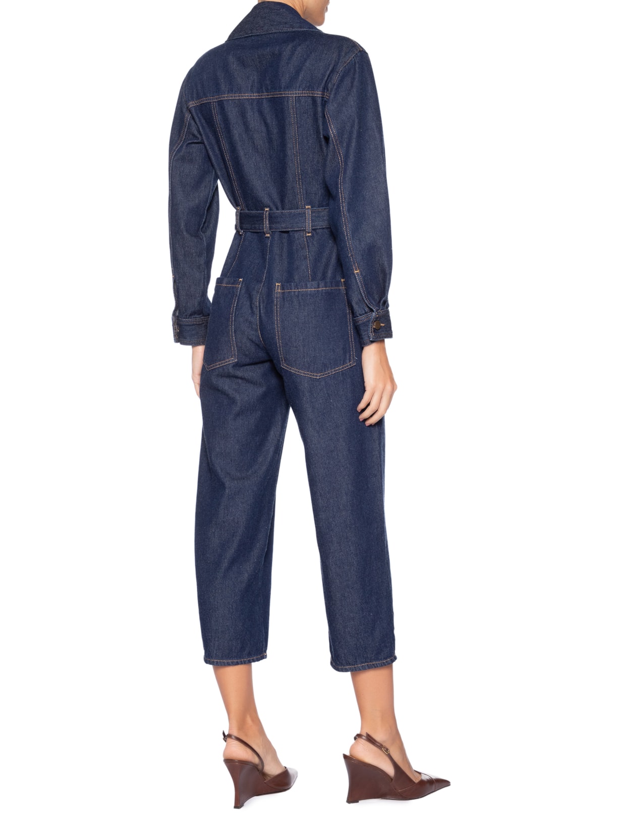 Macacão Feminino Jeans Manga Longa Bolsos Baggy Azul Andrea Marques