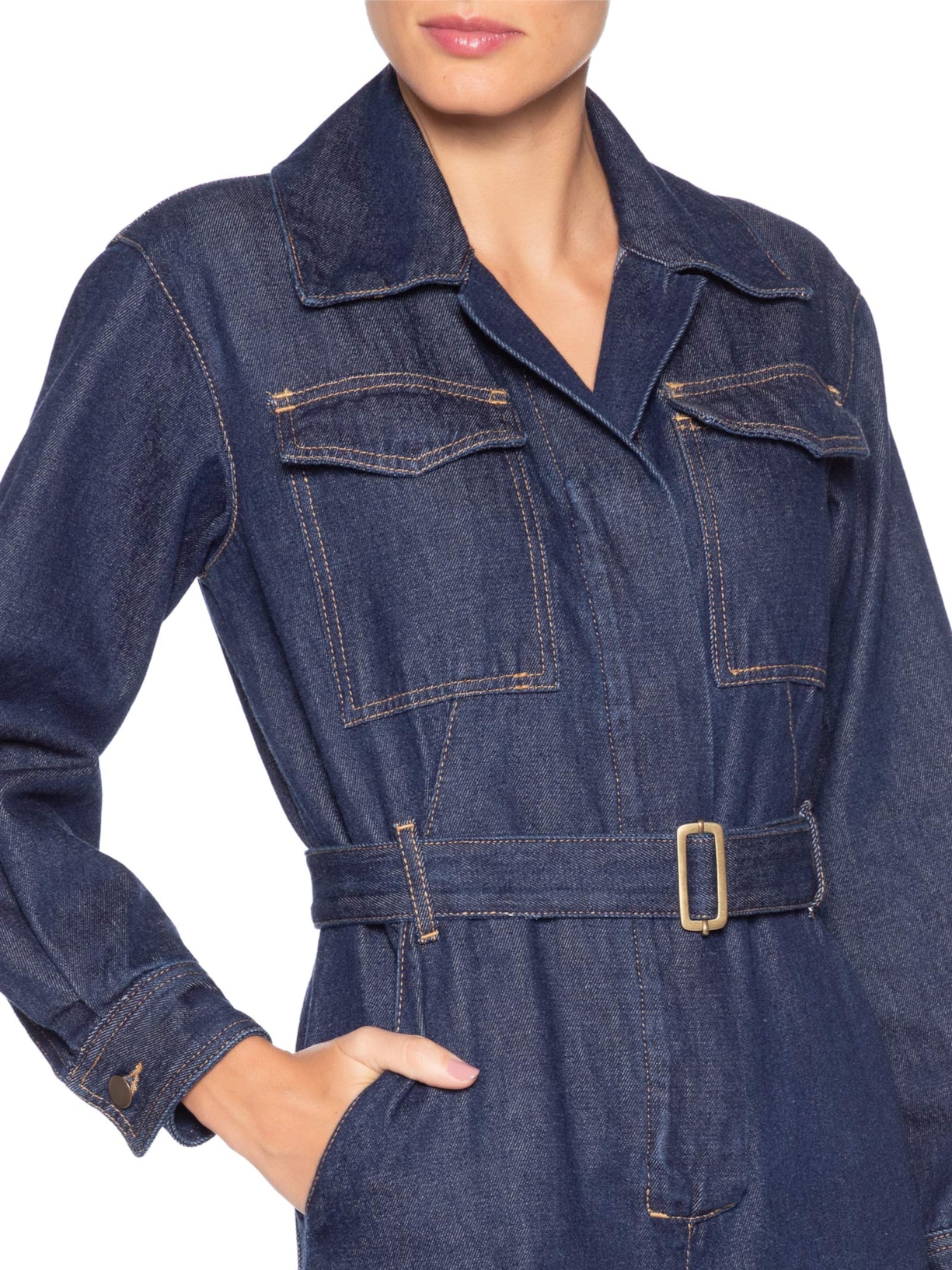 Macacão Feminino Jeans Manga Longa Bolsos Baggy Azul Andrea Marques