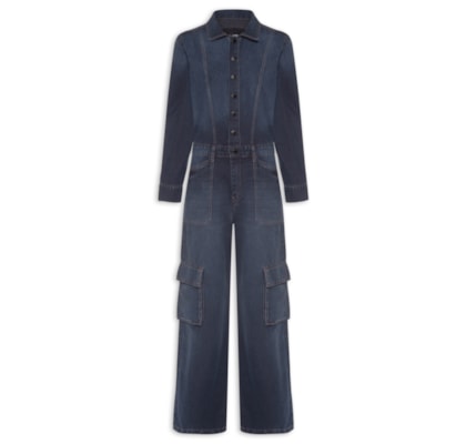 Macacão Feminino Jeans Manga Longa Cargo - Azul