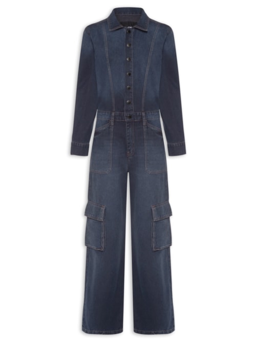 Macacão Feminino Jeans Manga Longa Cargo - Azul