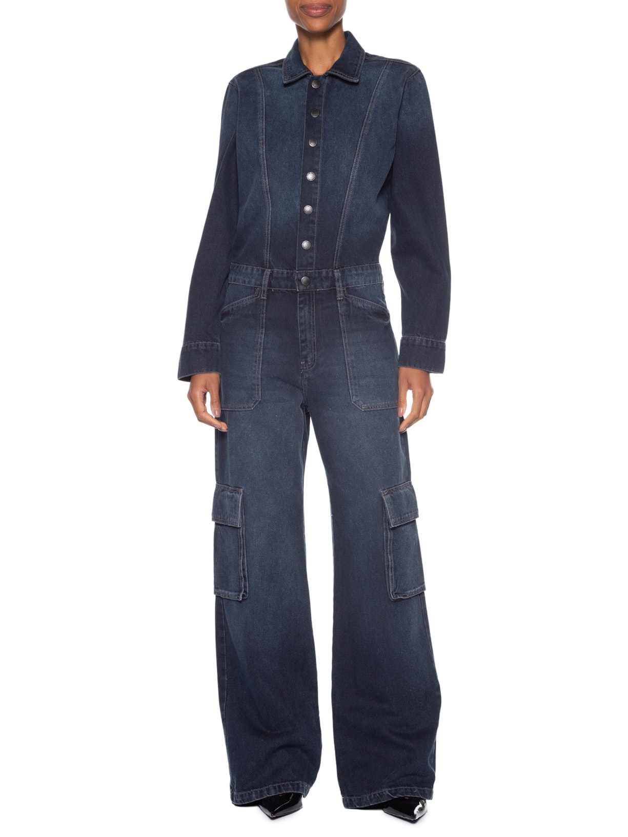 Macacão Feminino Jeans Manga Longa Cargo Azul Animale Jeans