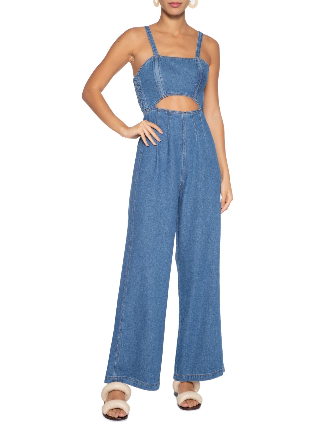 Macacão Feminino Jeans Vazado Frente Azul Farm