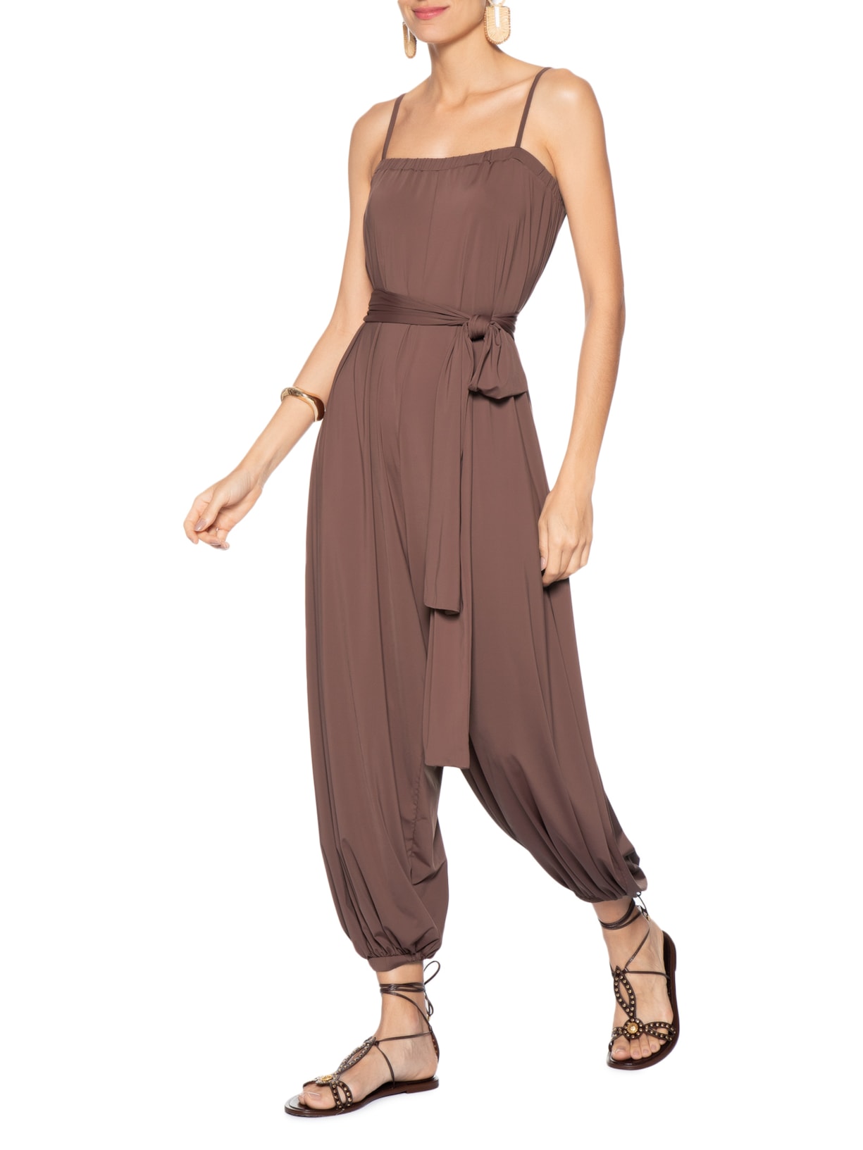 Macacão Feminino Jersey Com Faixa Marrom Dress To