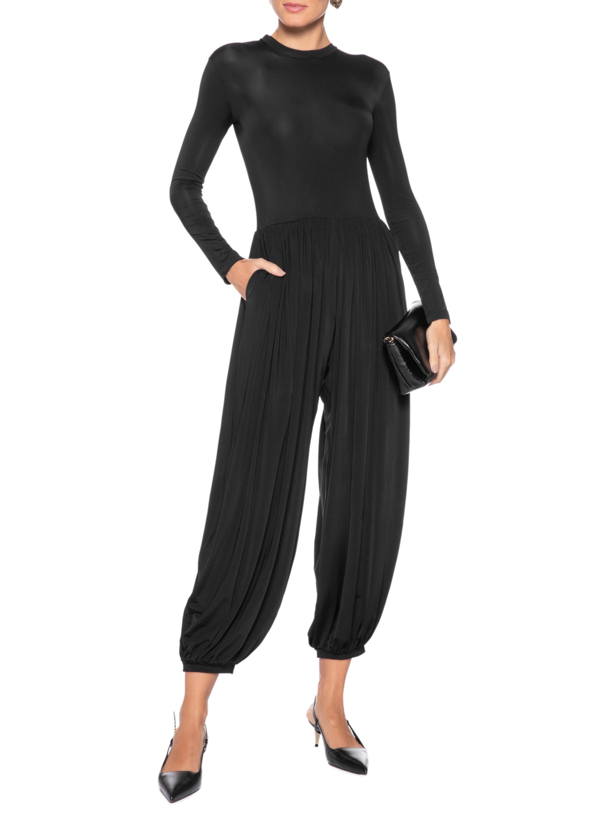 Macacão Feminino Jersey Manga Longa Baloon Preto Andrea Marques