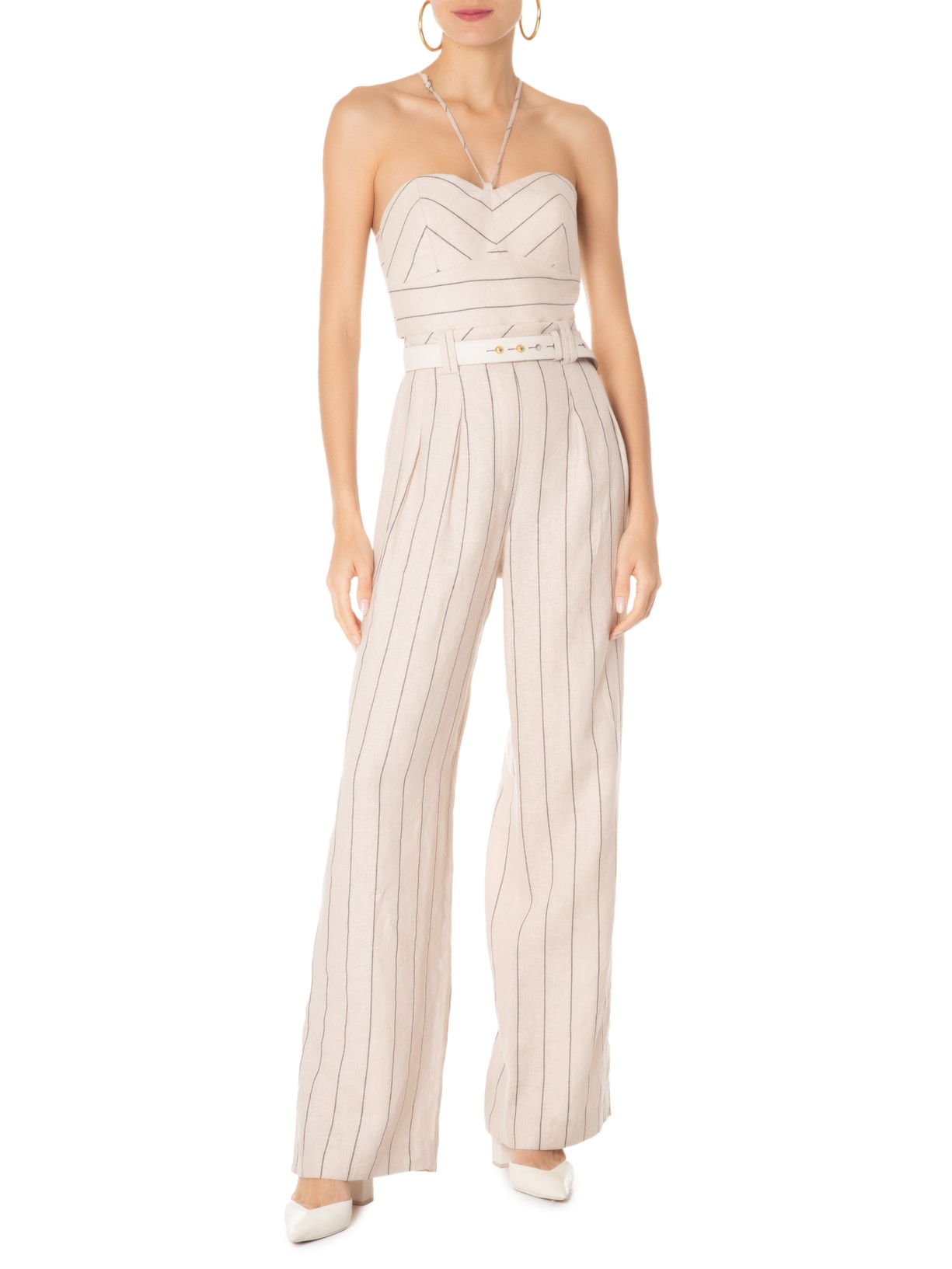 Macacão Feminino Jumpsuit Linho Risca Mia Bege Nk