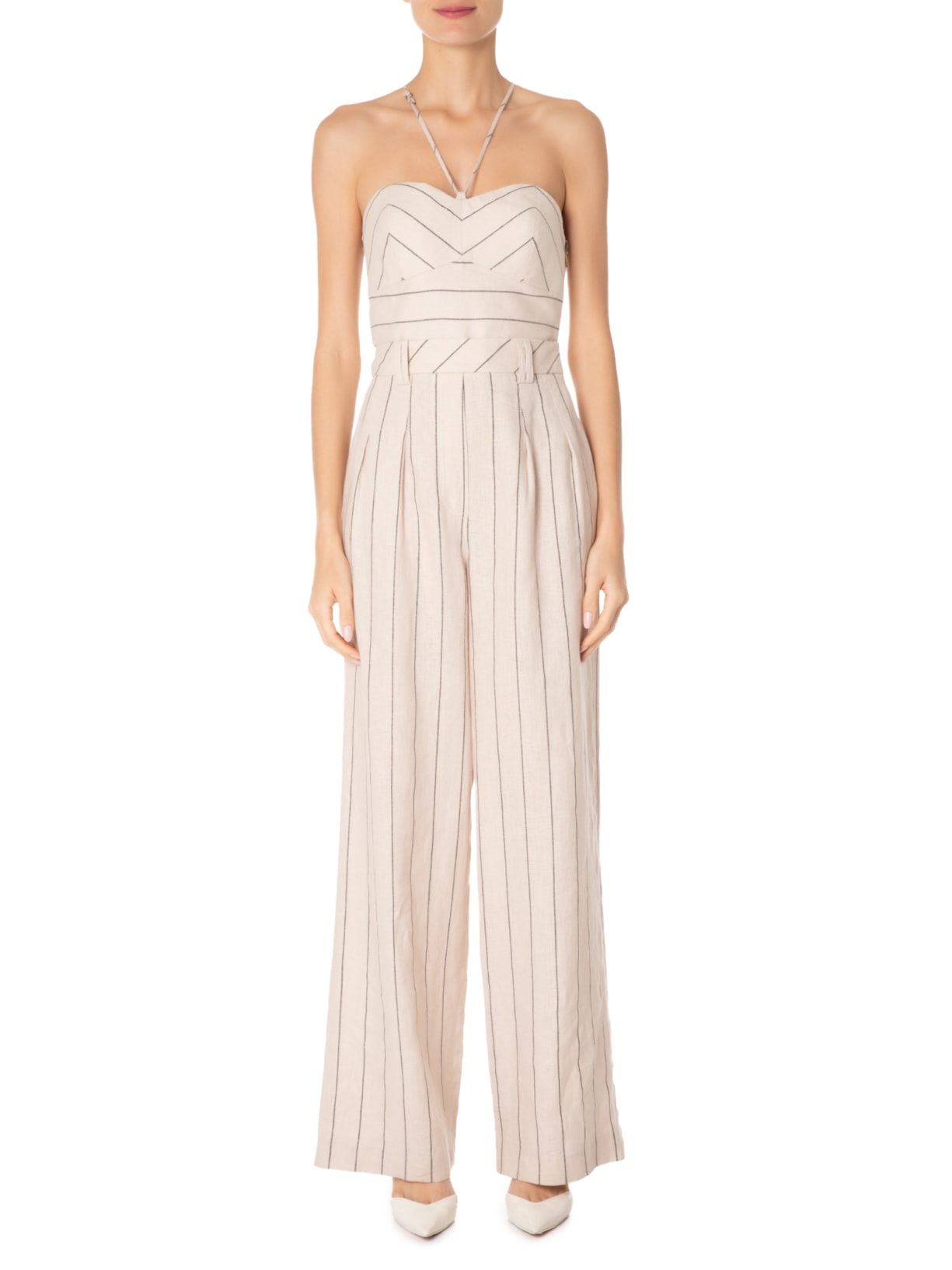 Macacão Feminino Jumpsuit Linho Risca Mia Bege Nk