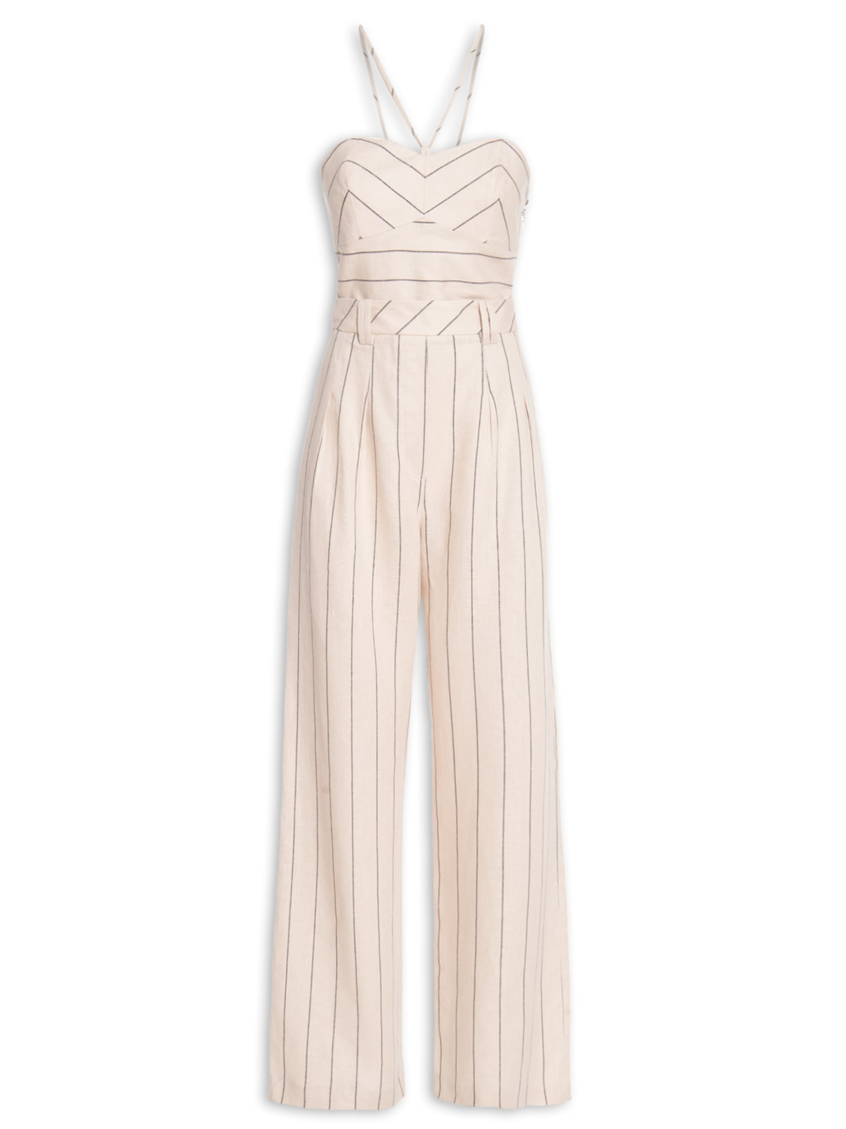 Macacão Feminino Jumpsuit Linho Risca Mia Bege Nk