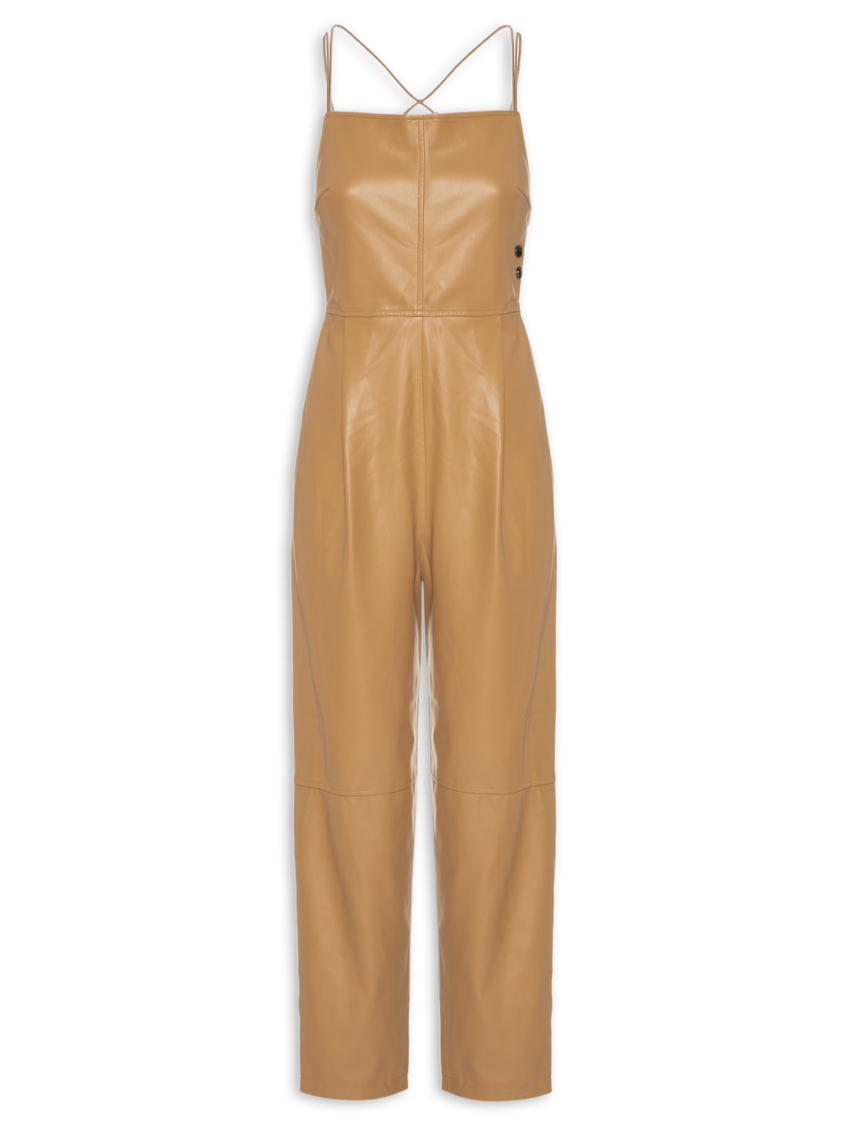 Macacão Feminino Like Leather Alças Elástico - Marrom