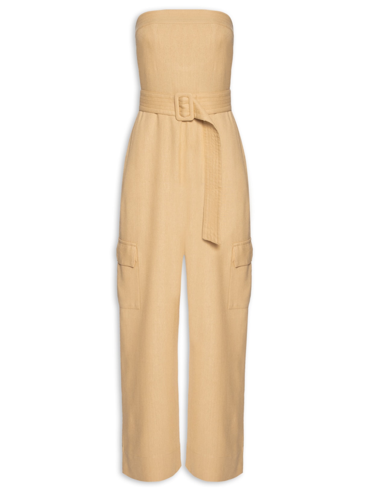 Macacão Feminino Linho Cinto Pespontado - Bege