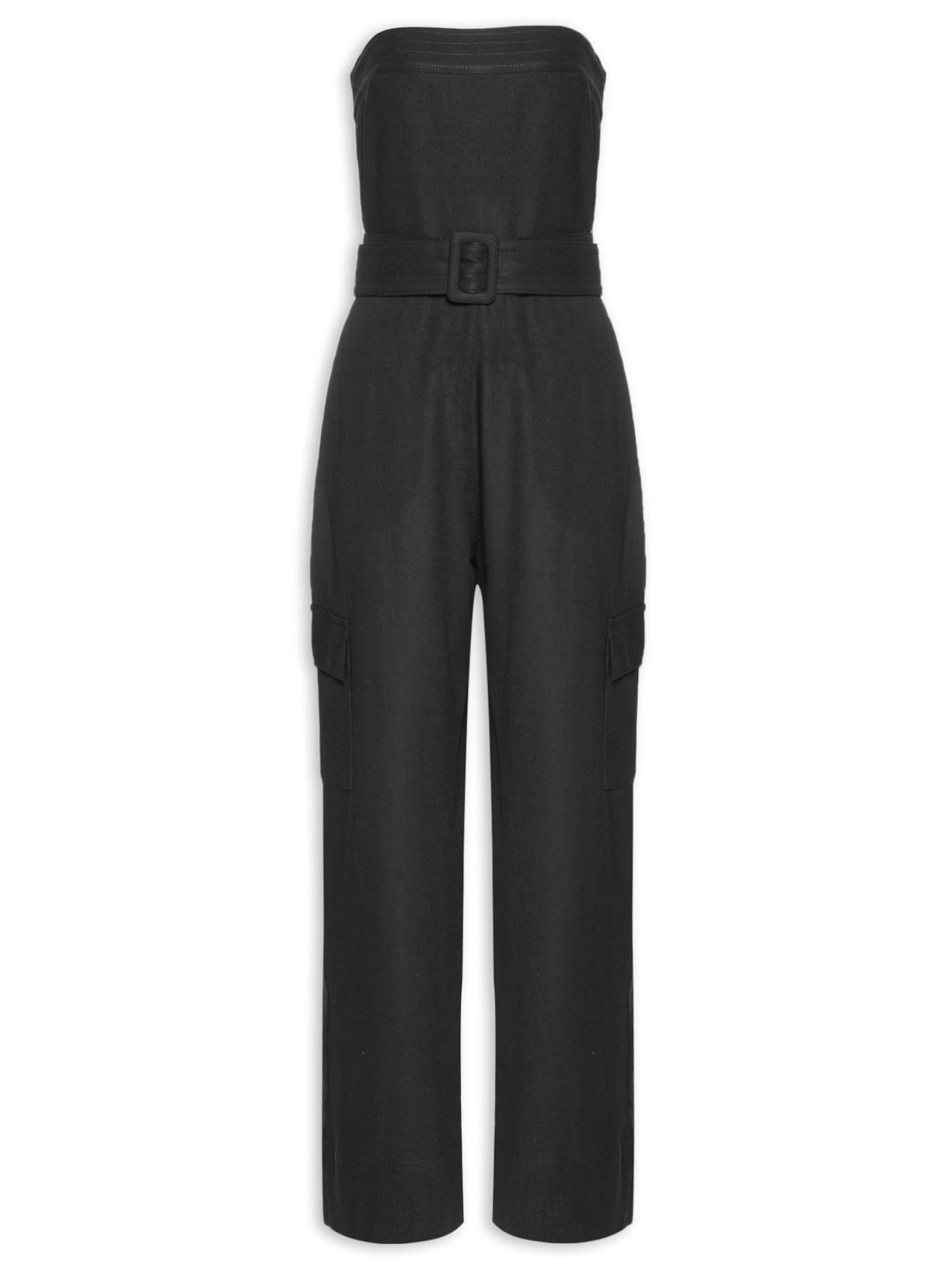 Macacão Feminino Linho Cinto Pespontado - Preto