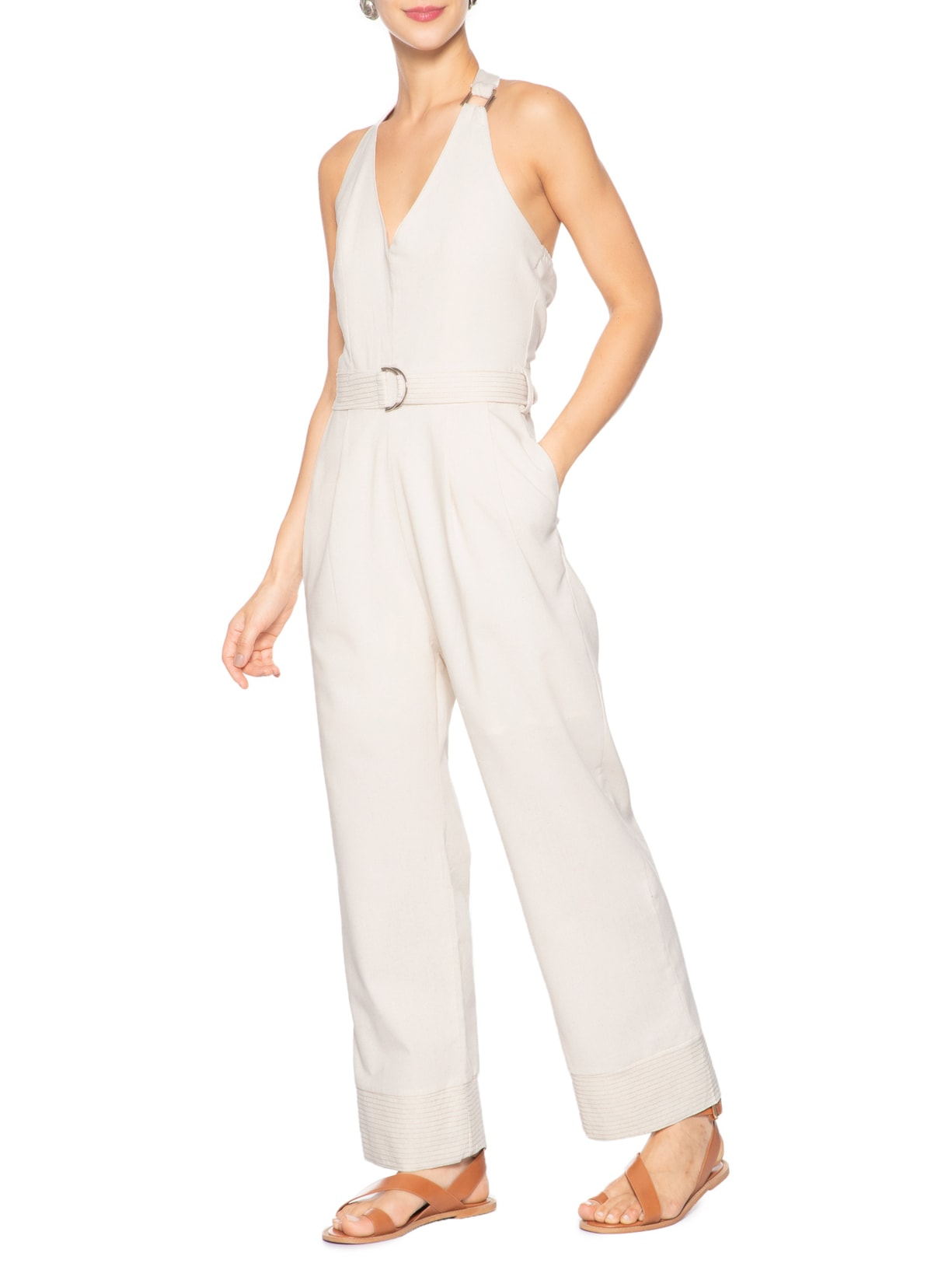 Macacão Feminino Linho Com Cinto Bege Basiq