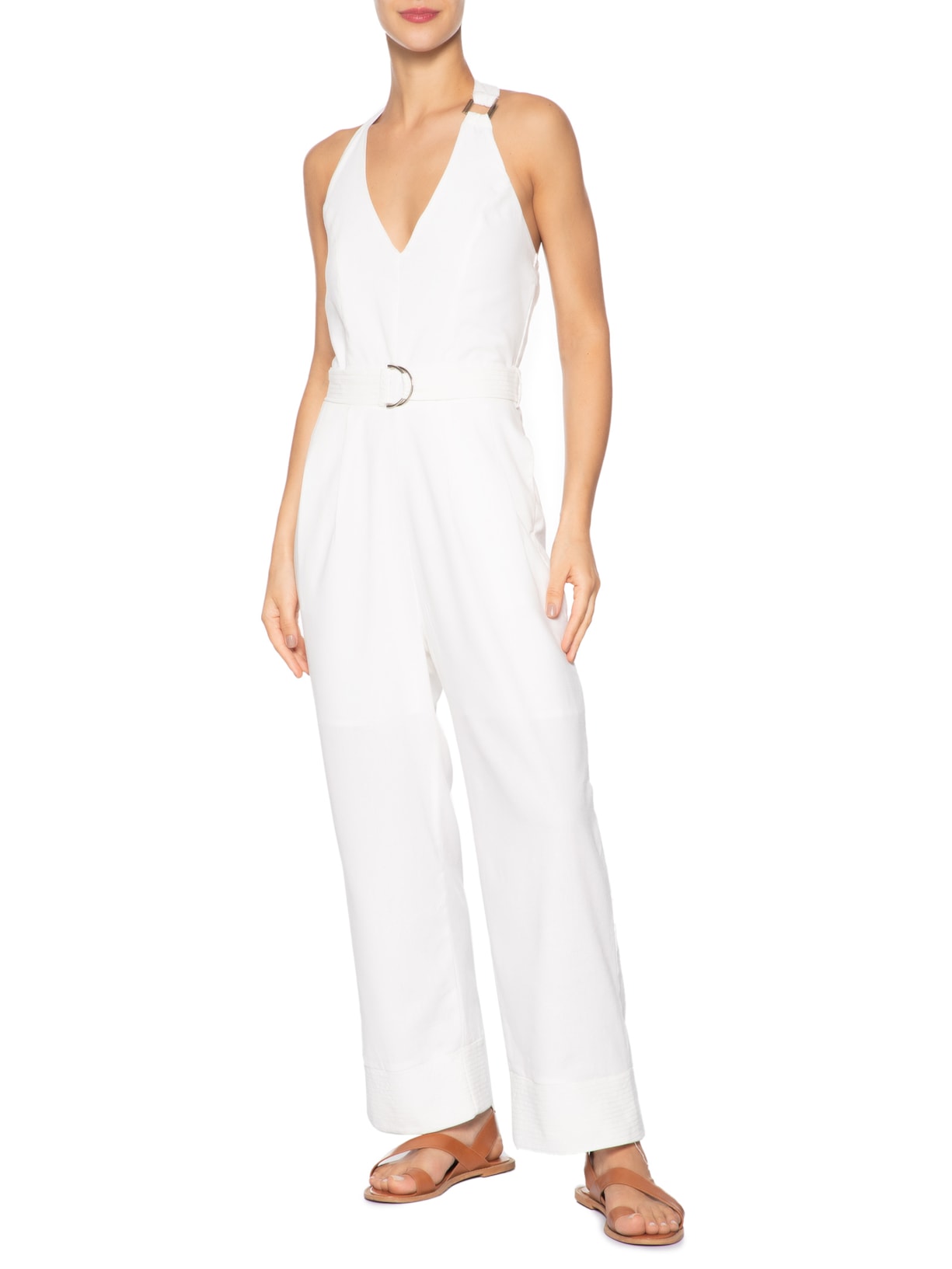 Macacão Feminino Linho Com Cinto Branco Basiq