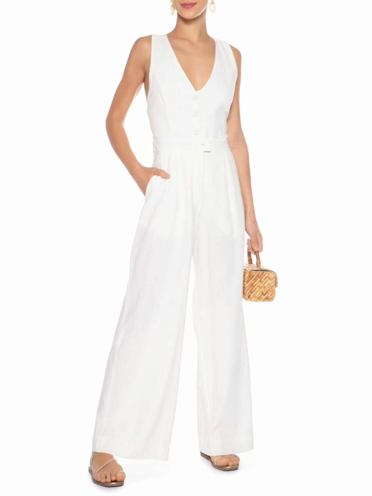 Macacão Feminino Linho Decote Nadador Off White Dress To