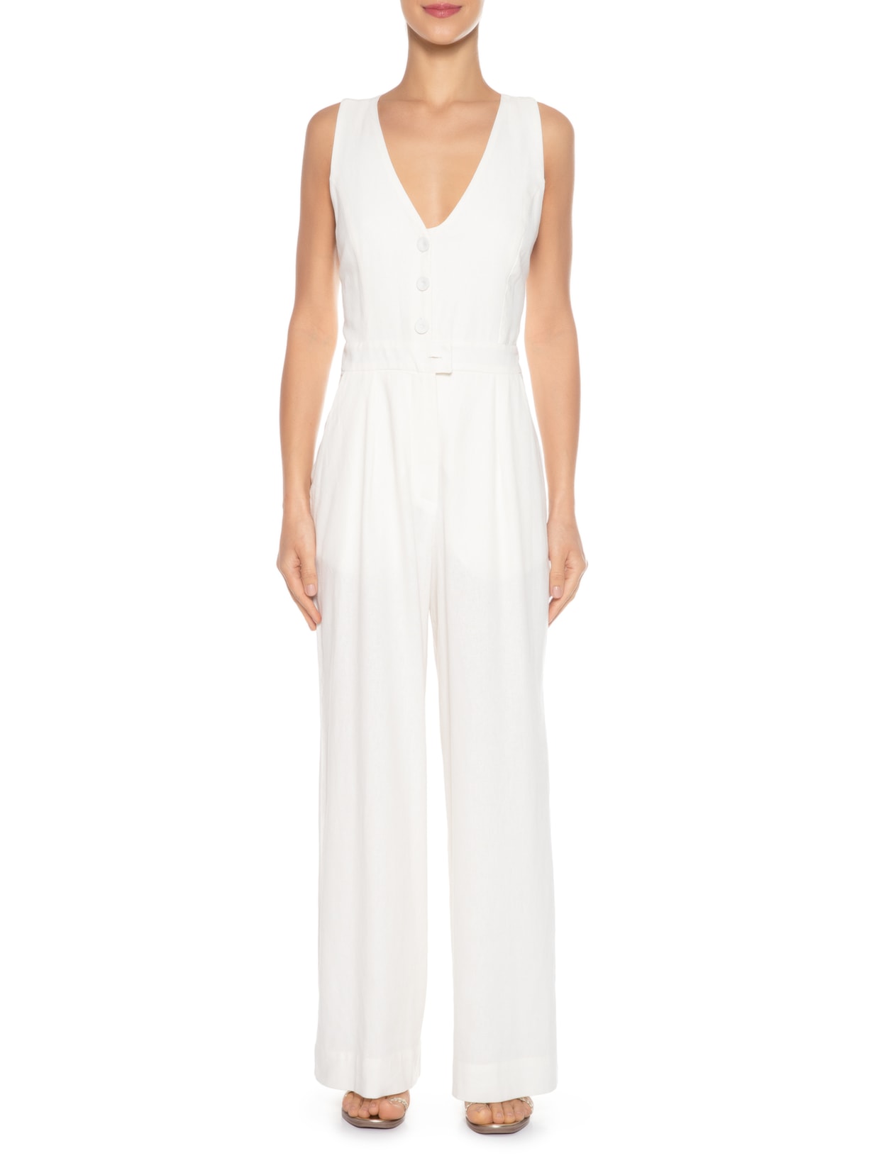 Macacão Feminino Linho Decote Nadador Off White Dress To