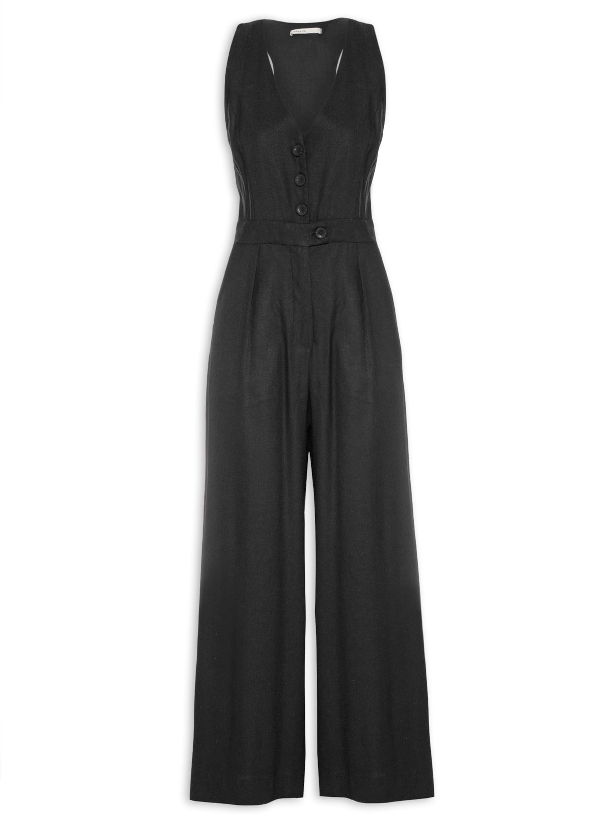 Macacão Feminino Linho Decote Nadador - Preto