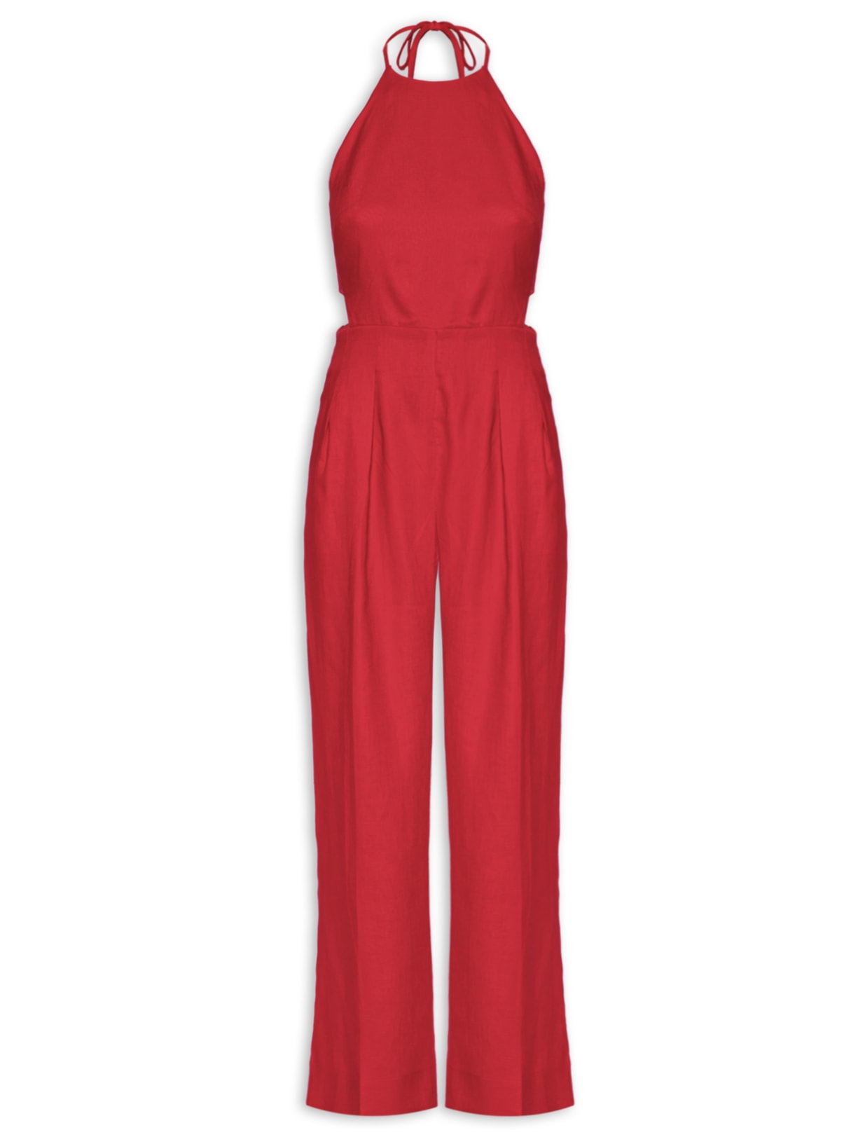 Macacão Feminino Linho Frente Única Amplo Pregas - Vermelho