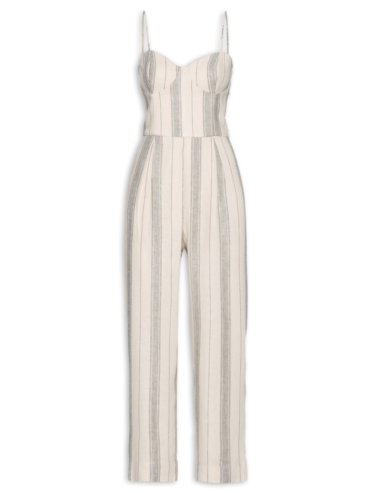 Macacão Feminino Linho Listrado Bojo Recortado - Bege