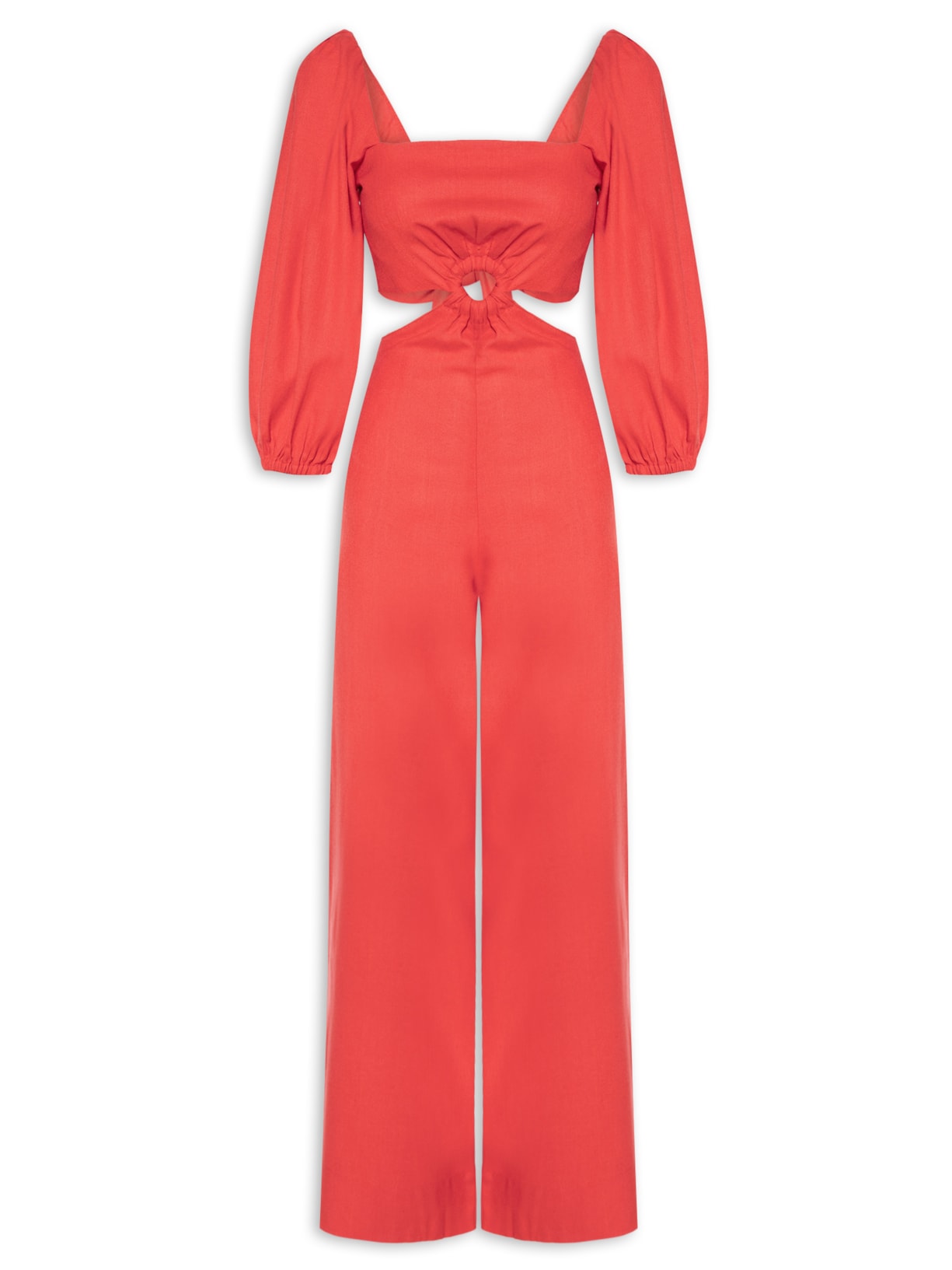 Macacão Feminino Linho Manga Bufante Vermelho Dress To