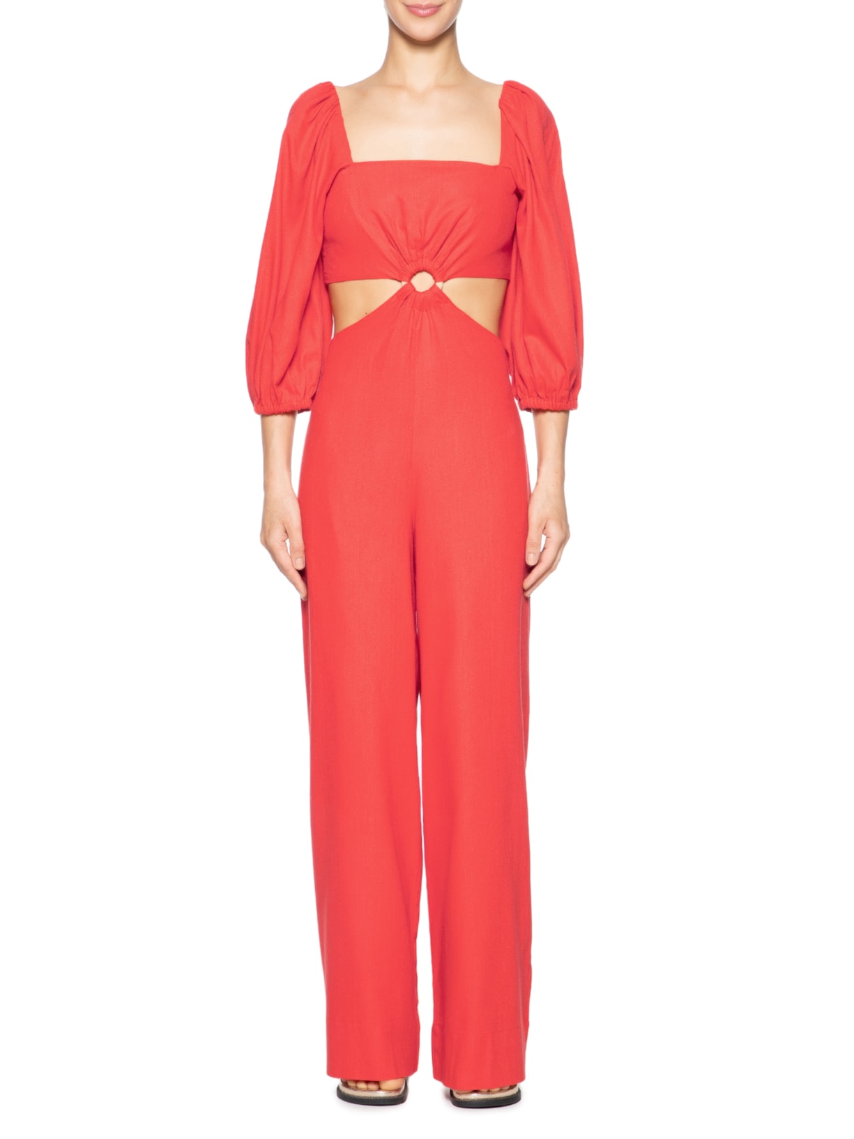 Macacão Feminino Linho Manga Bufante Vermelho Dress To