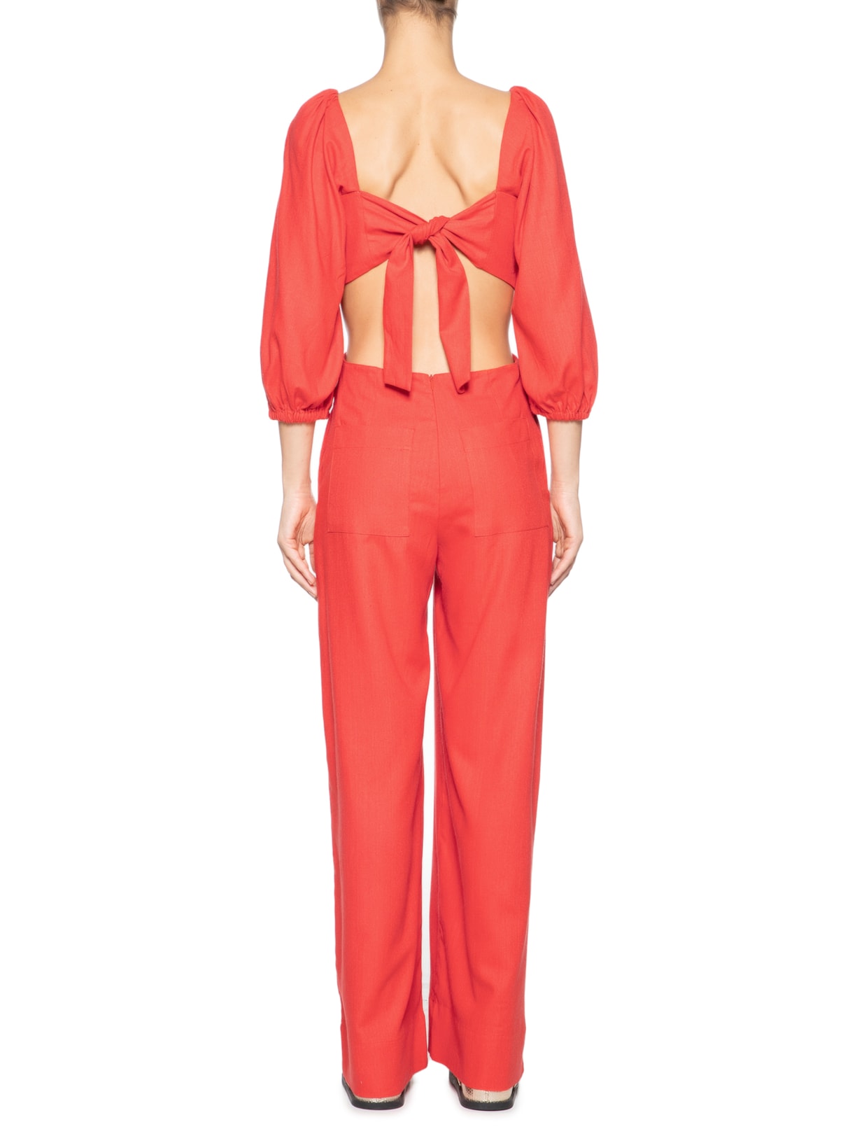 Macacão Feminino Linho Manga Bufante Vermelho Dress To