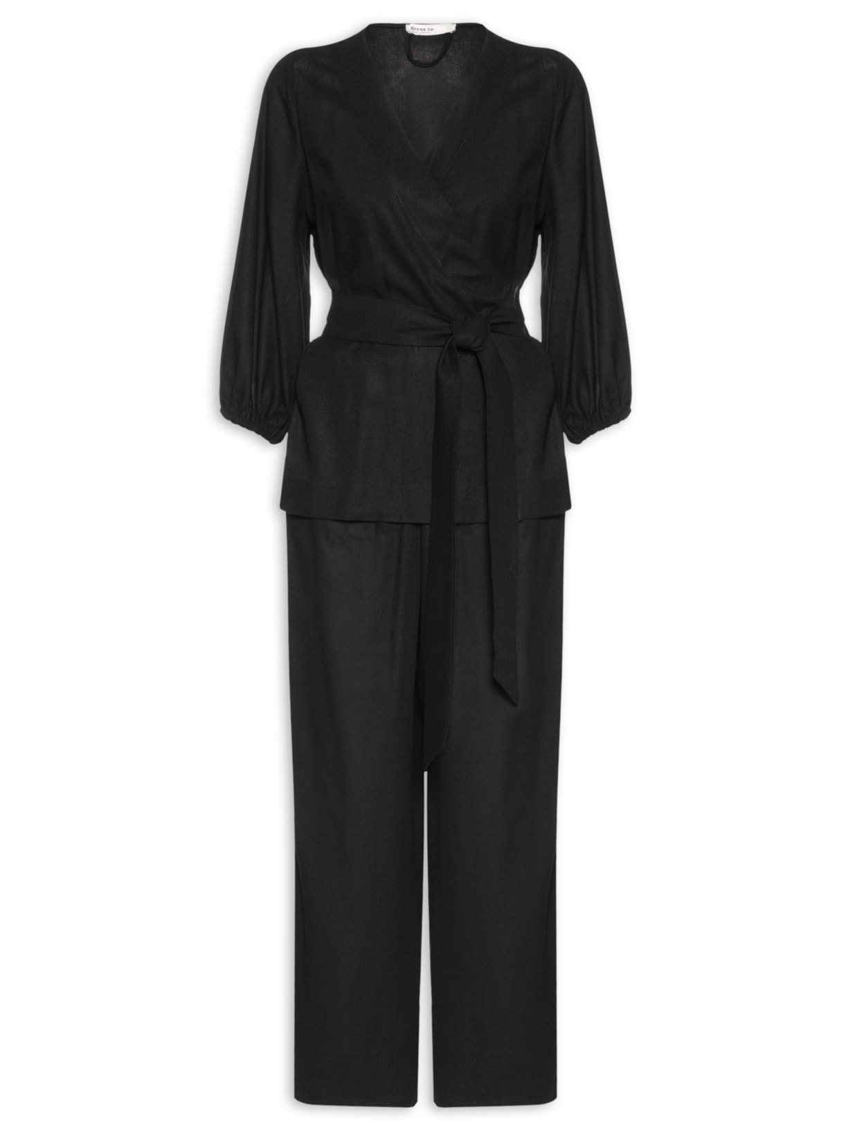 Macacão Feminino Linho Transpasse Kimono - Preto