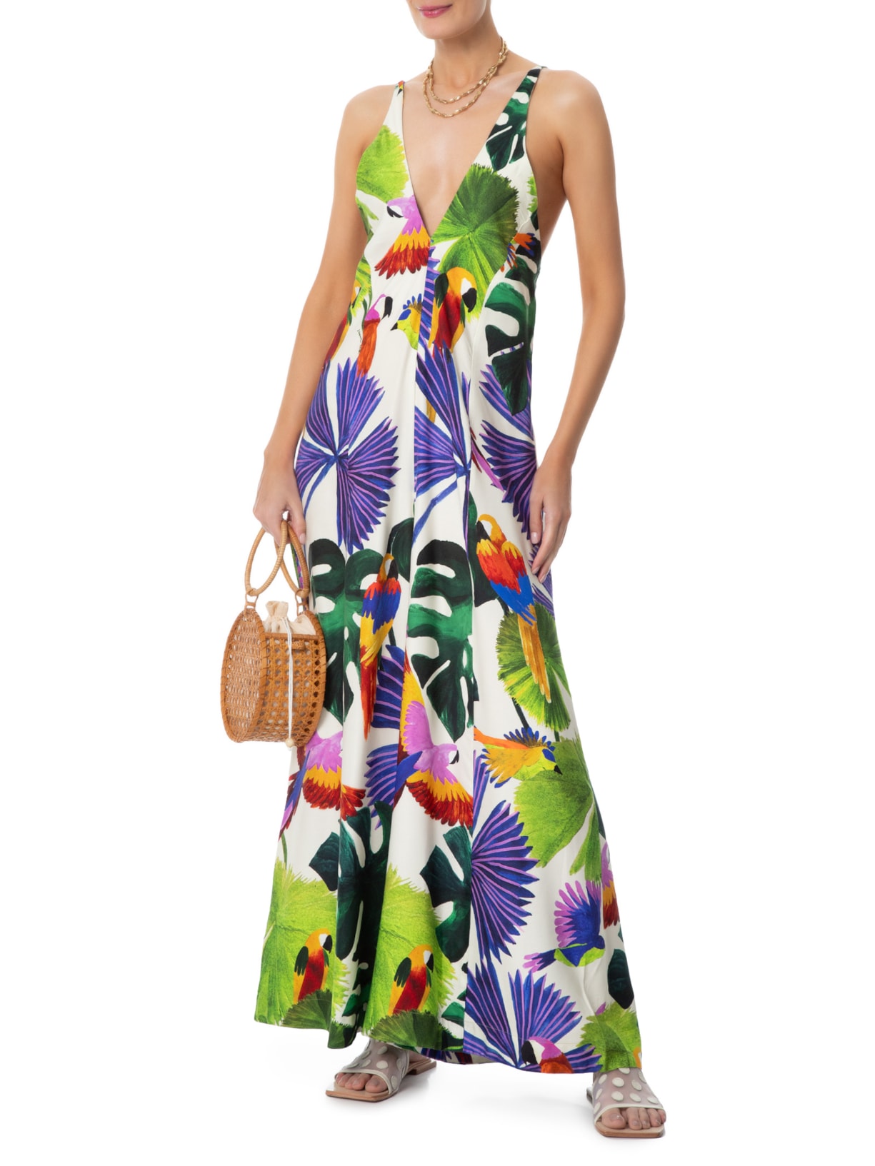 Macacão Feminino Longo Pássaros Pintados Azul Farm