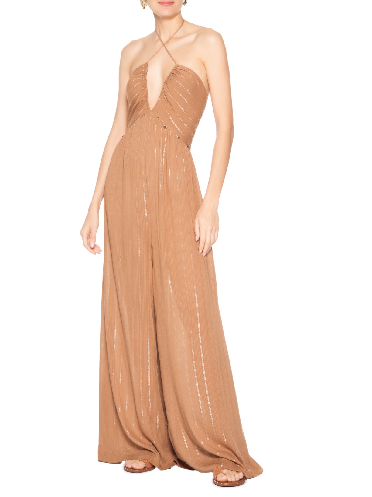 Macacão Feminino Luréx Busto Franzido Marrom Dress To