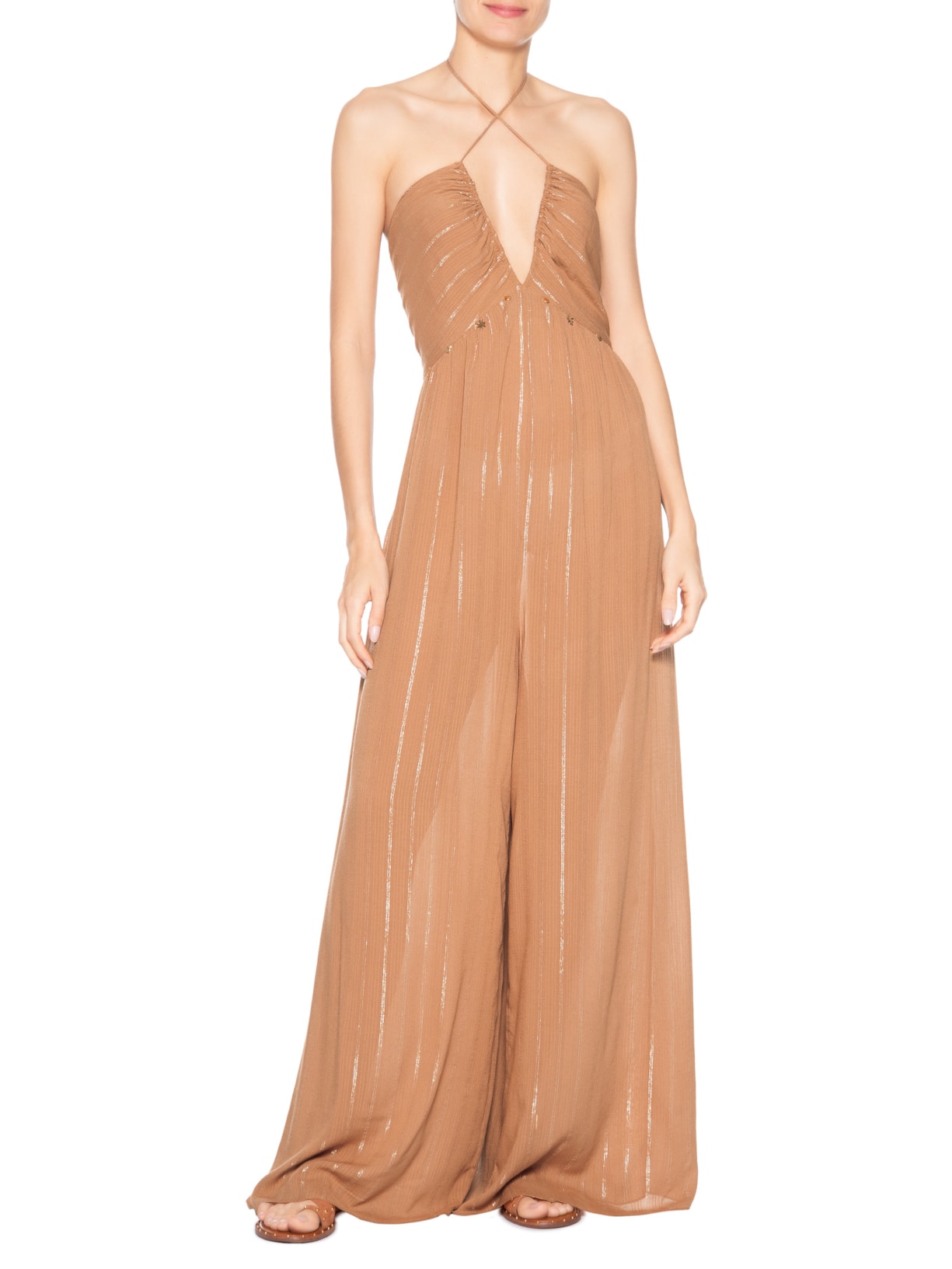 Macacão Feminino Luréx Busto Franzido Marrom Dress To