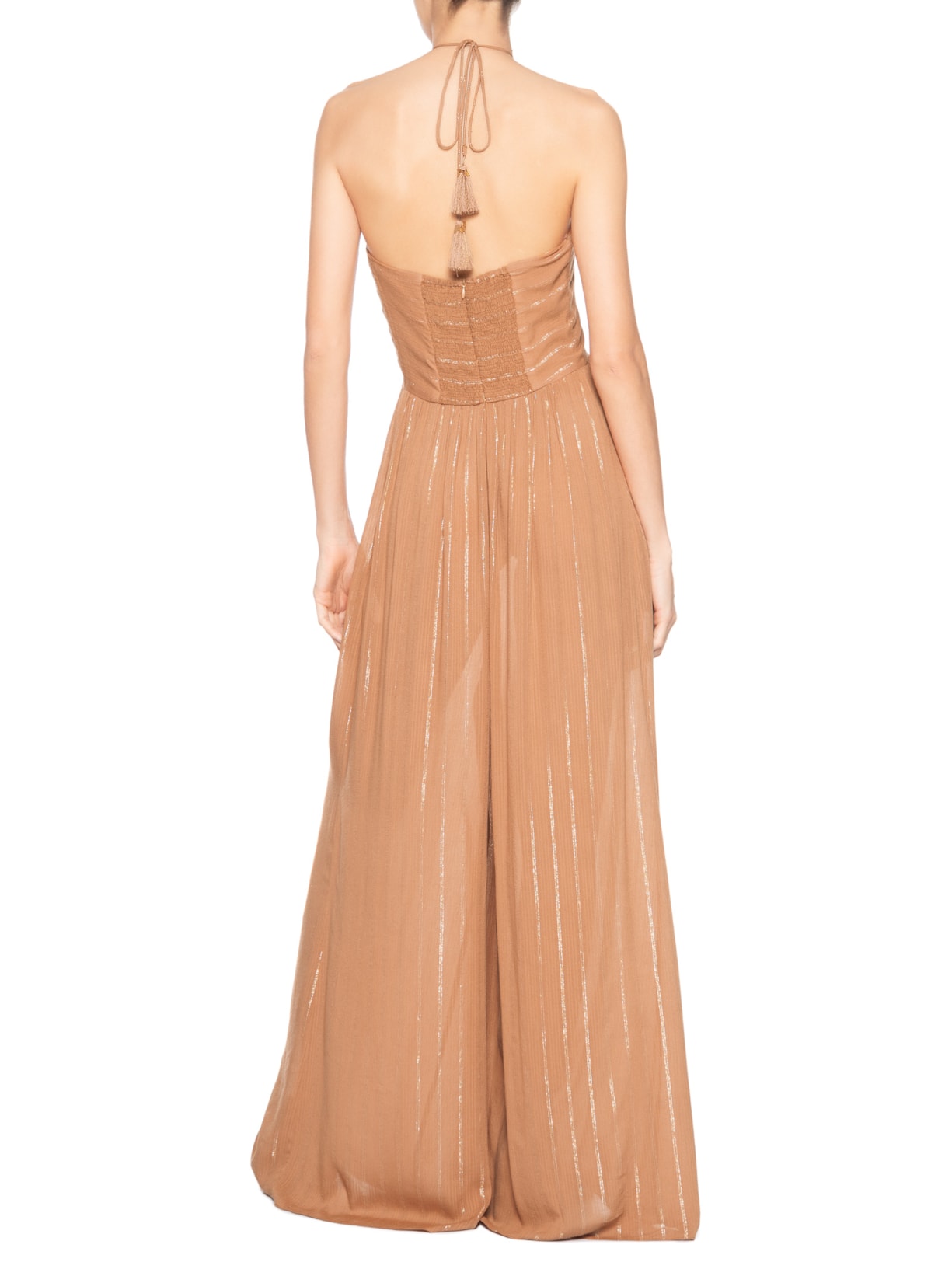 Macacão Feminino Luréx Busto Franzido Marrom Dress To