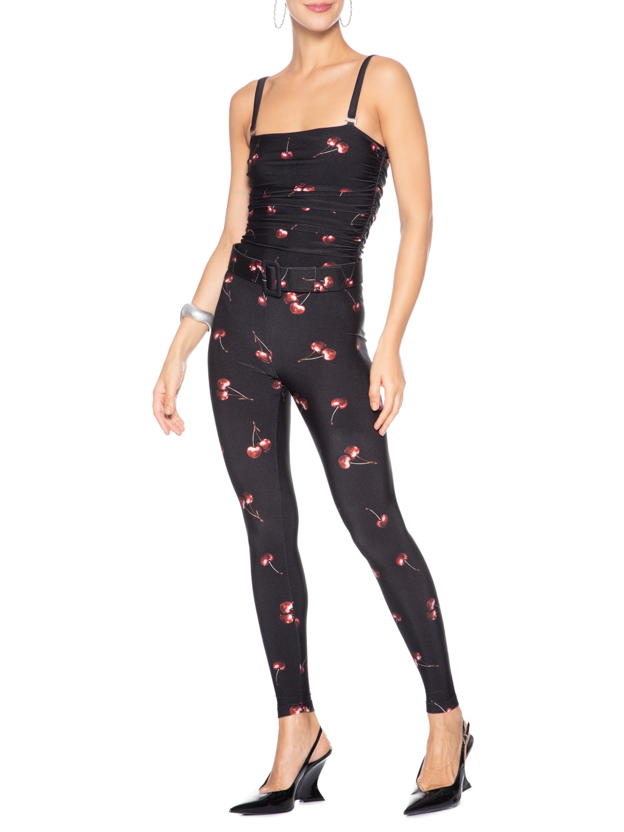 Macacão Feminino Lycra Estampado Bardot Cherry Preto Forlegs